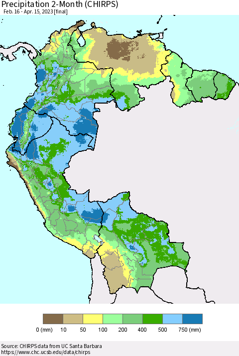 Northern South America Precipitation 2-Month (CHIRPS) Thematic Map For 2/16/2023 - 4/15/2023