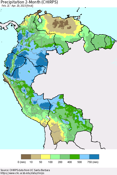 Northern South America Precipitation 2-Month (CHIRPS) Thematic Map For 2/21/2023 - 4/20/2023