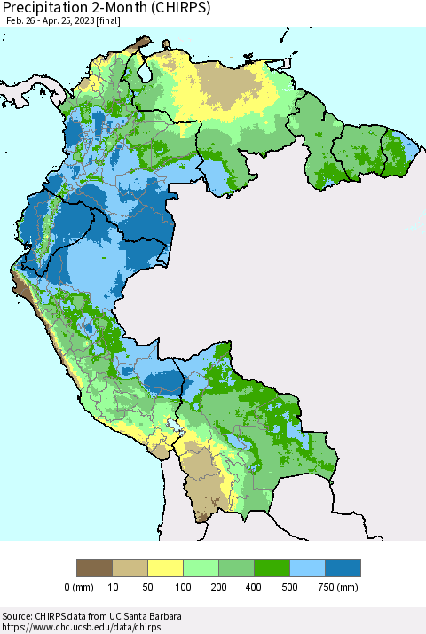 Northern South America Precipitation 2-Month (CHIRPS) Thematic Map For 2/26/2023 - 4/25/2023