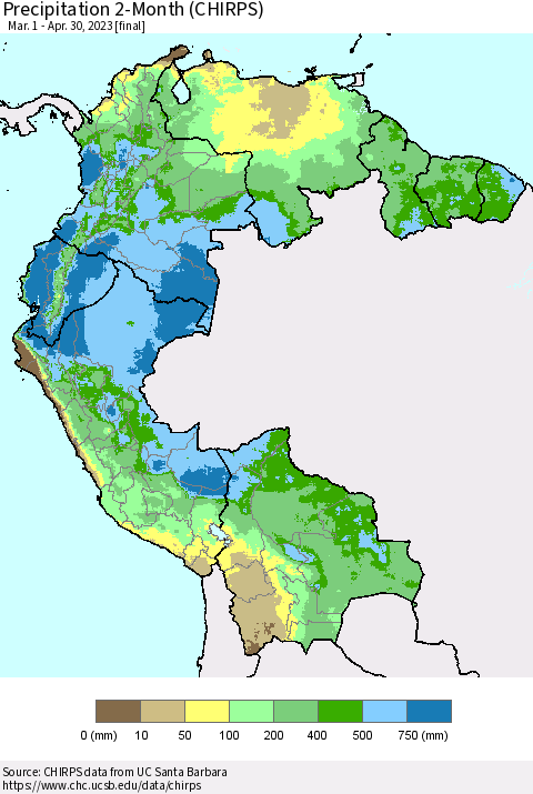 Northern South America Precipitation 2-Month (CHIRPS) Thematic Map For 3/1/2023 - 4/30/2023