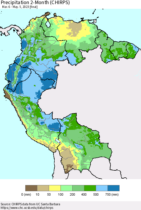 Northern South America Precipitation 2-Month (CHIRPS) Thematic Map For 3/6/2023 - 5/5/2023