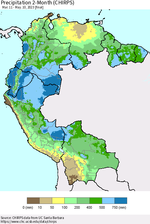 Northern South America Precipitation 2-Month (CHIRPS) Thematic Map For 3/11/2023 - 5/10/2023