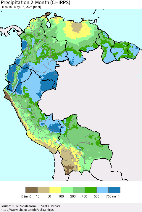 Northern South America Precipitation 2-Month (CHIRPS) Thematic Map For 3/16/2023 - 5/15/2023