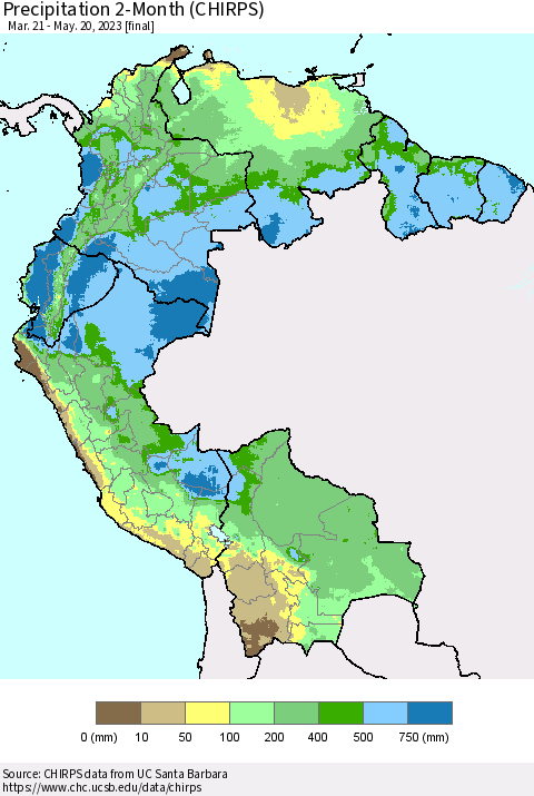 Northern South America Precipitation 2-Month (CHIRPS) Thematic Map For 3/21/2023 - 5/20/2023