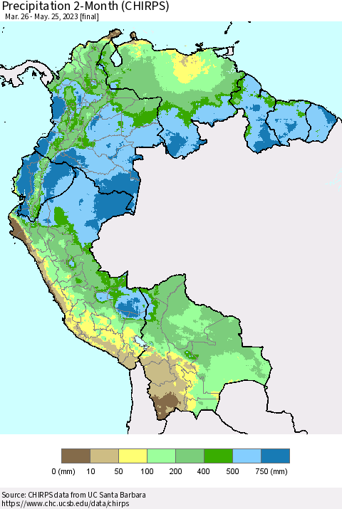 Northern South America Precipitation 2-Month (CHIRPS) Thematic Map For 3/26/2023 - 5/25/2023