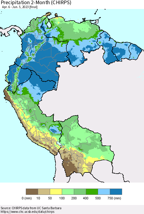 Northern South America Precipitation 2-Month (CHIRPS) Thematic Map For 4/6/2023 - 6/5/2023