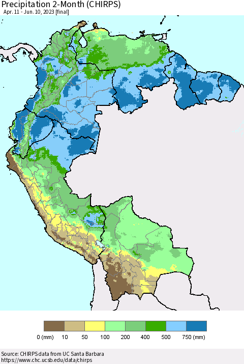Northern South America Precipitation 2-Month (CHIRPS) Thematic Map For 4/11/2023 - 6/10/2023