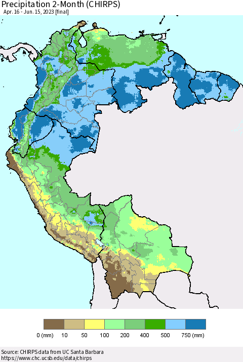 Northern South America Precipitation 2-Month (CHIRPS) Thematic Map For 4/16/2023 - 6/15/2023