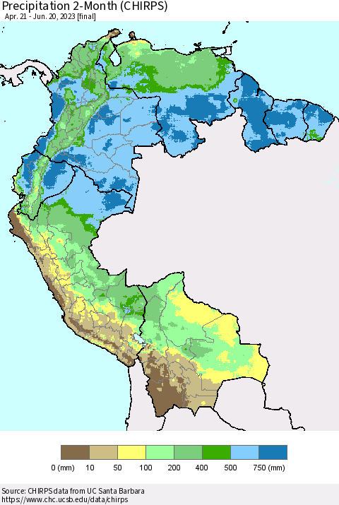 Northern South America Precipitation 2-Month (CHIRPS) Thematic Map For 4/21/2023 - 6/20/2023