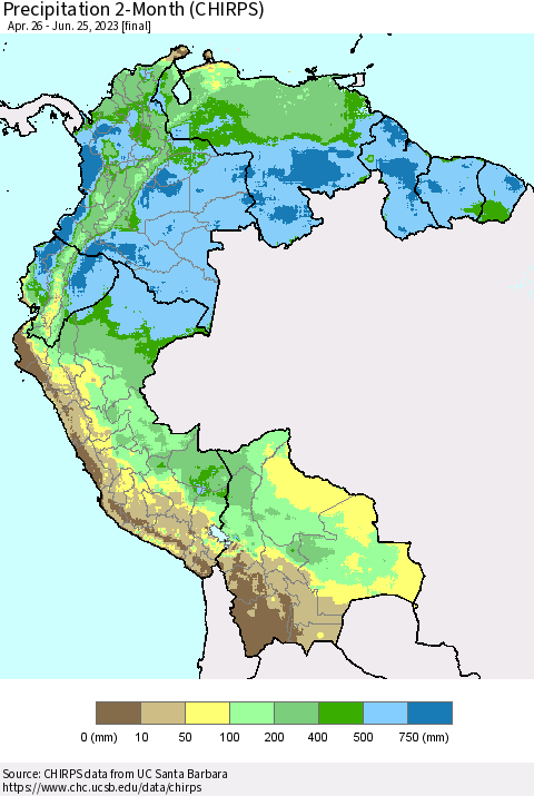 Northern South America Precipitation 2-Month (CHIRPS) Thematic Map For 4/26/2023 - 6/25/2023
