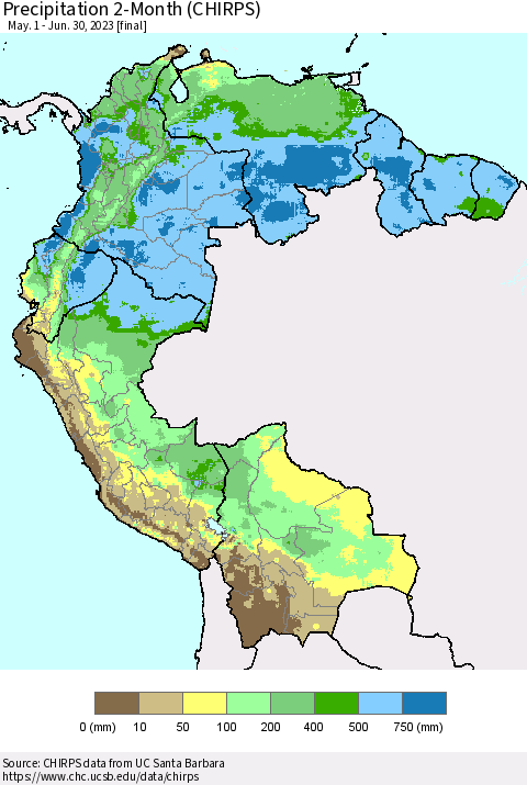 Northern South America Precipitation 2-Month (CHIRPS) Thematic Map For 5/1/2023 - 6/30/2023