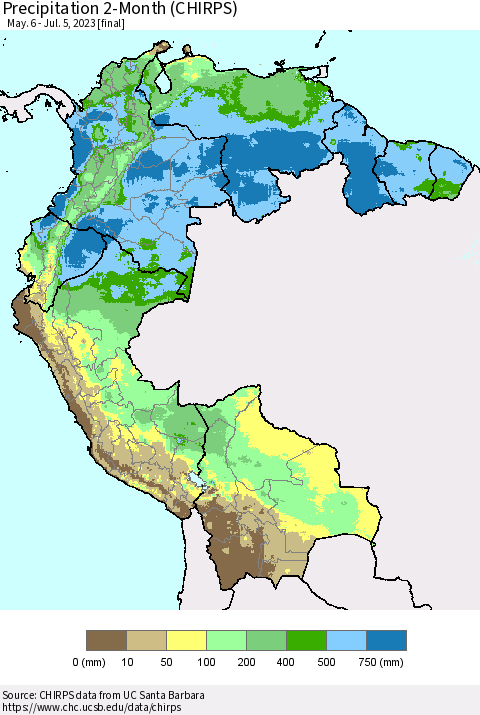 Northern South America Precipitation 2-Month (CHIRPS) Thematic Map For 5/6/2023 - 7/5/2023