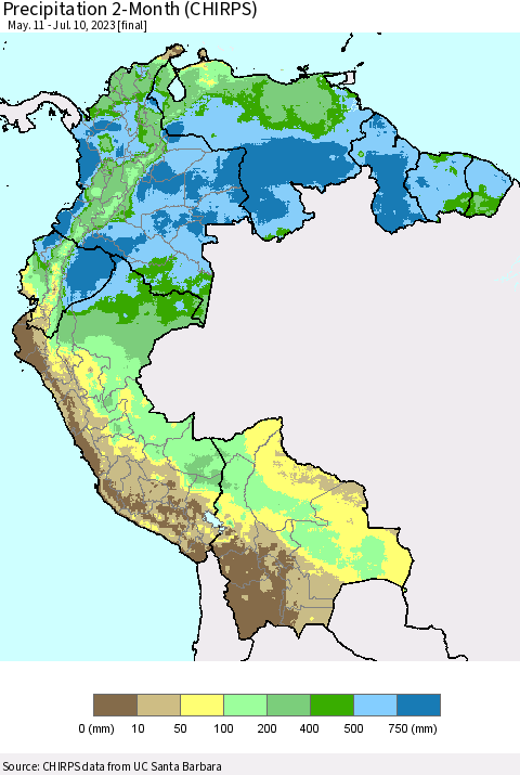 Northern South America Precipitation 2-Month (CHIRPS) Thematic Map For 5/11/2023 - 7/10/2023