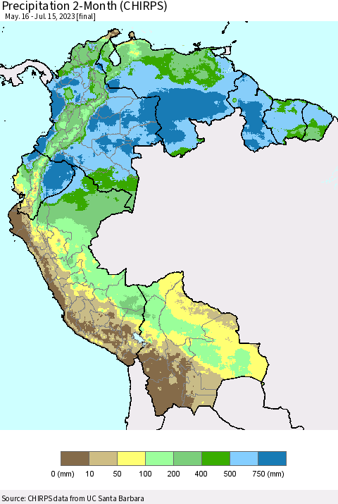 Northern South America Precipitation 2-Month (CHIRPS) Thematic Map For 5/16/2023 - 7/15/2023