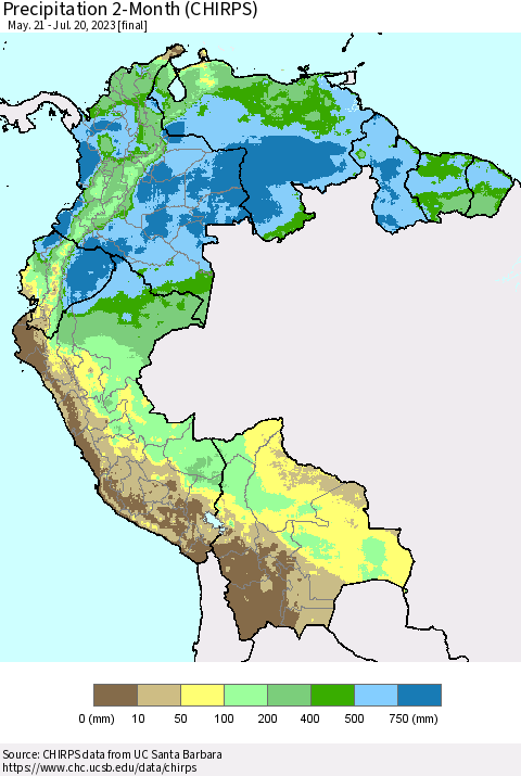 Northern South America Precipitation 2-Month (CHIRPS) Thematic Map For 5/21/2023 - 7/20/2023