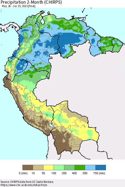Northern South America Precipitation 2-Month (CHIRPS) Thematic Map For 5/26/2023 - 7/25/2023