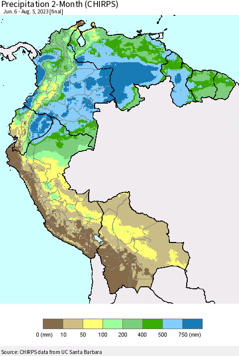 Northern South America Precipitation 2-Month (CHIRPS) Thematic Map For 6/6/2023 - 8/5/2023