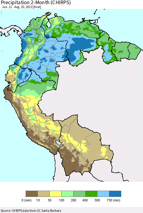 Northern South America Precipitation 2-Month (CHIRPS) Thematic Map For 6/21/2023 - 8/20/2023