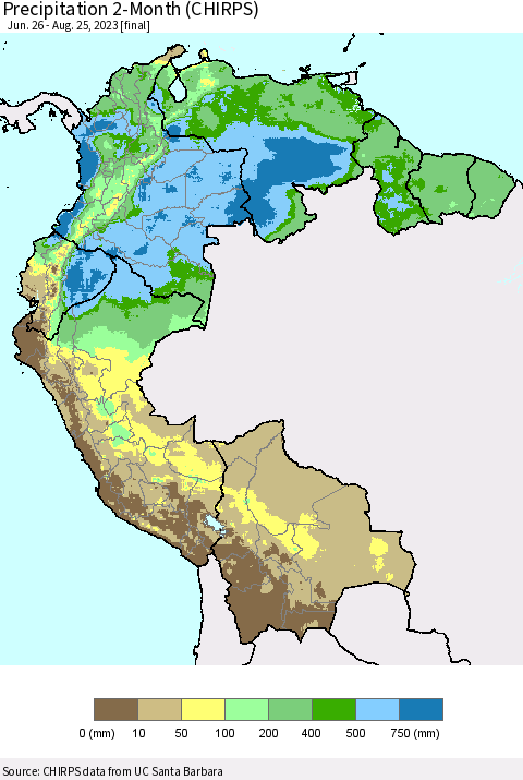 Northern South America Precipitation 2-Month (CHIRPS) Thematic Map For 6/26/2023 - 8/25/2023
