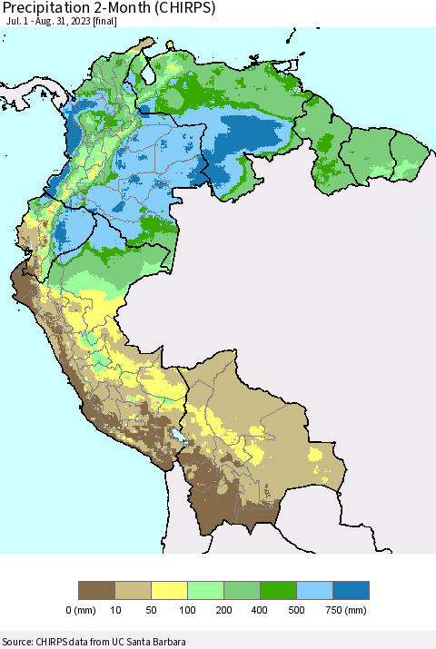 Northern South America Precipitation 2-Month (CHIRPS) Thematic Map For 7/1/2023 - 8/31/2023