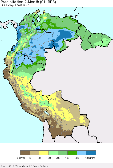 Northern South America Precipitation 2-Month (CHIRPS) Thematic Map For 7/6/2023 - 9/5/2023