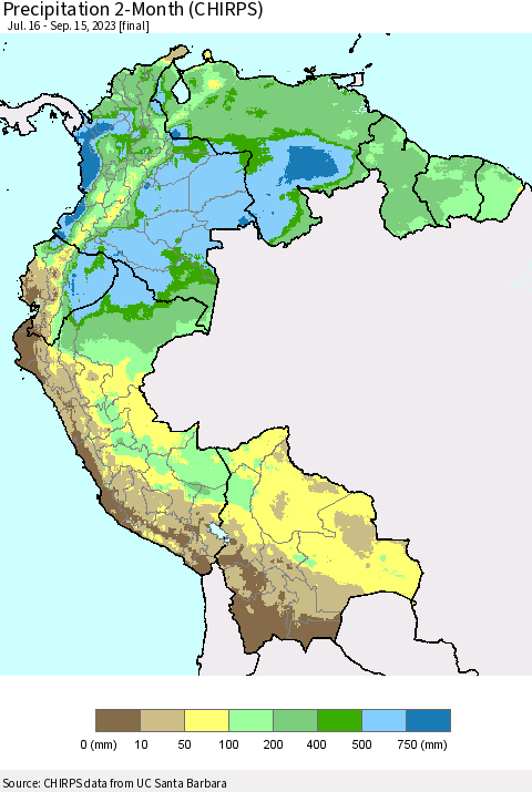 Northern South America Precipitation 2-Month (CHIRPS) Thematic Map For 7/16/2023 - 9/15/2023