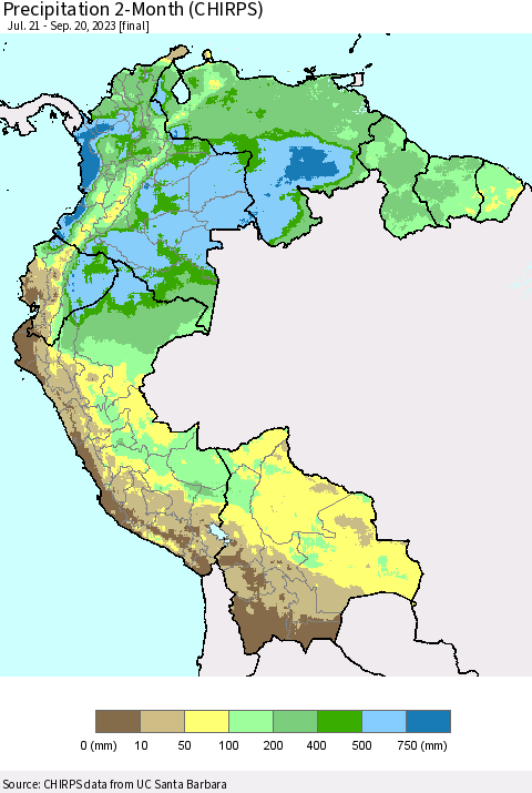 Northern South America Precipitation 2-Month (CHIRPS) Thematic Map For 7/21/2023 - 9/20/2023