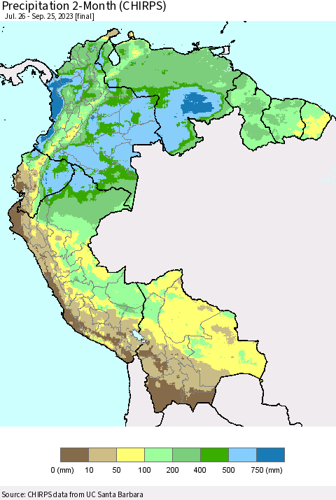 Northern South America Precipitation 2-Month (CHIRPS) Thematic Map For 7/26/2023 - 9/25/2023