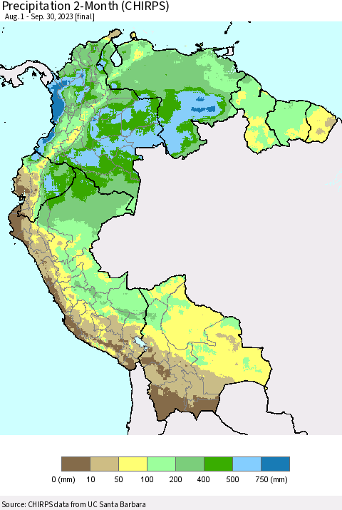 Northern South America Precipitation 2-Month (CHIRPS) Thematic Map For 8/1/2023 - 9/30/2023