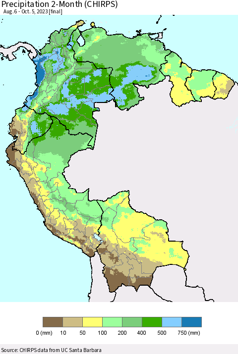 Northern South America Precipitation 2-Month (CHIRPS) Thematic Map For 8/6/2023 - 10/5/2023