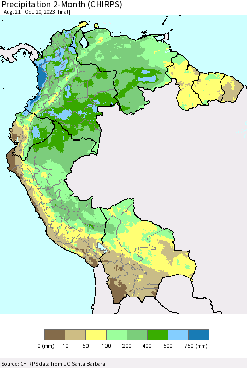 Northern South America Precipitation 2-Month (CHIRPS) Thematic Map For 8/21/2023 - 10/20/2023