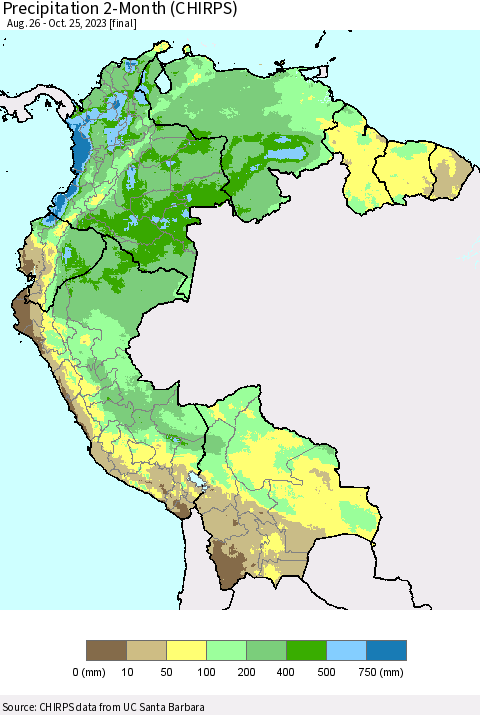 Northern South America Precipitation 2-Month (CHIRPS) Thematic Map For 8/26/2023 - 10/25/2023