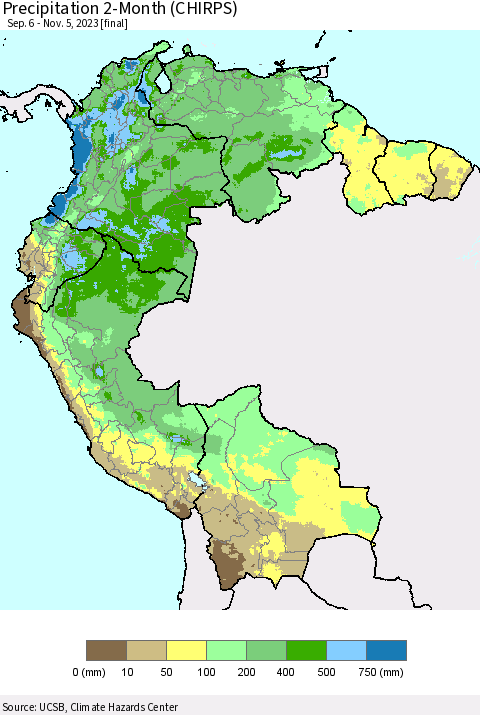 Northern South America Precipitation 2-Month (CHIRPS) Thematic Map For 9/6/2023 - 11/5/2023