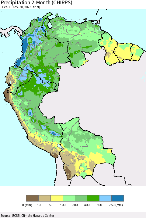 Northern South America Precipitation 2-Month (CHIRPS) Thematic Map For 10/1/2023 - 11/30/2023