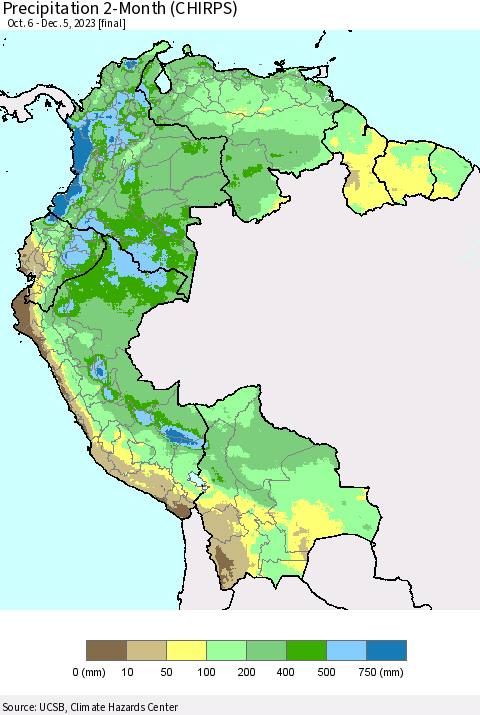 Northern South America Precipitation 2-Month (CHIRPS) Thematic Map For 10/6/2023 - 12/5/2023