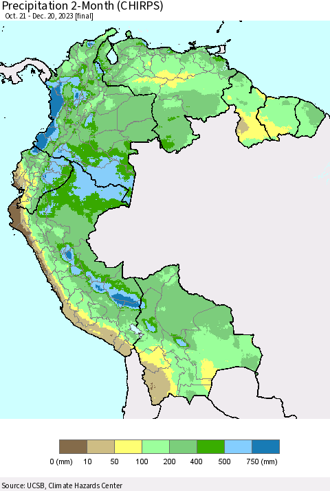Northern South America Precipitation 2-Month (CHIRPS) Thematic Map For 10/21/2023 - 12/20/2023