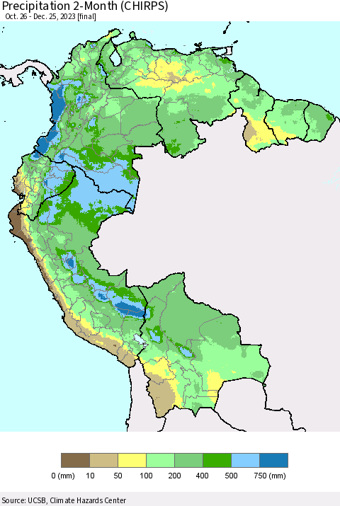 Northern South America Precipitation 2-Month (CHIRPS) Thematic Map For 10/26/2023 - 12/25/2023