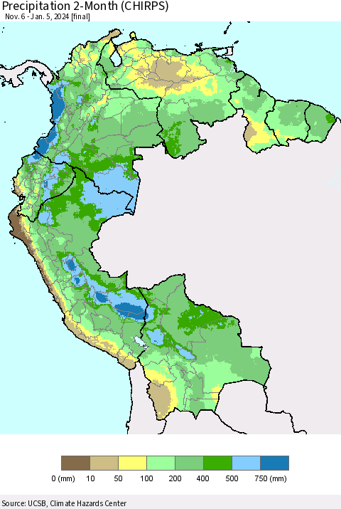 Northern South America Precipitation 2-Month (CHIRPS) Thematic Map For 11/6/2023 - 1/5/2024