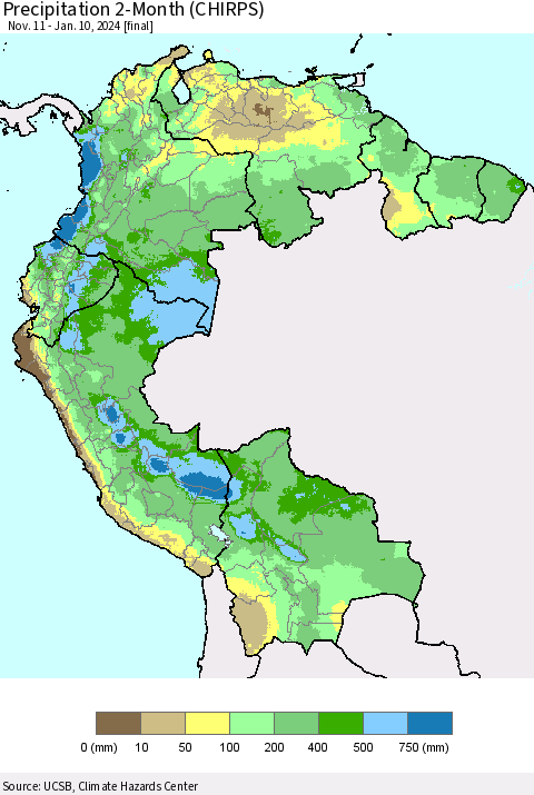 Northern South America Precipitation 2-Month (CHIRPS) Thematic Map For 11/11/2023 - 1/10/2024