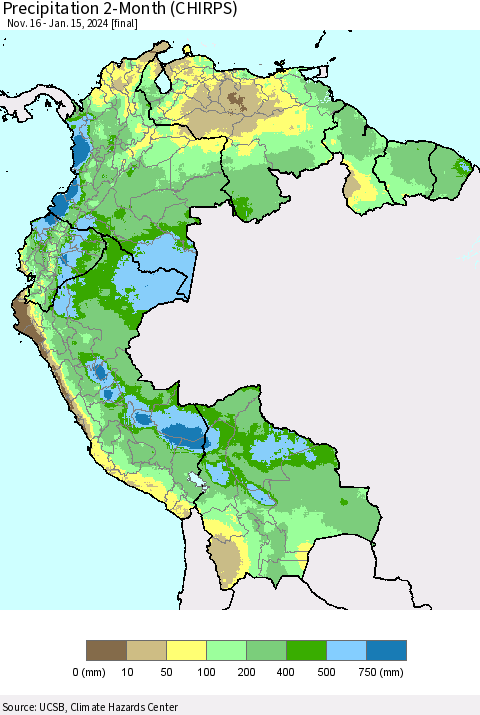Northern South America Precipitation 2-Month (CHIRPS) Thematic Map For 11/16/2023 - 1/15/2024