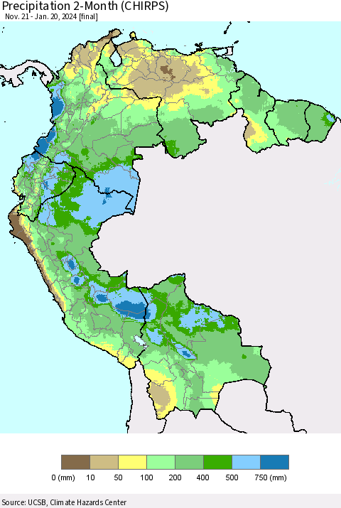 Northern South America Precipitation 2-Month (CHIRPS) Thematic Map For 11/21/2023 - 1/20/2024