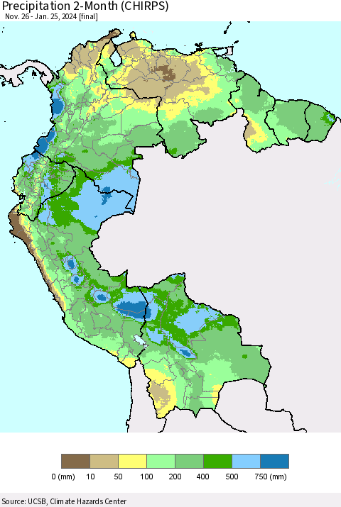 Northern South America Precipitation 2-Month (CHIRPS) Thematic Map For 11/26/2023 - 1/25/2024