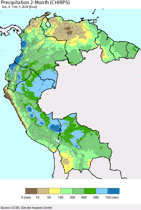 Northern South America Precipitation 2-Month (CHIRPS) Thematic Map For 12/6/2023 - 2/5/2024