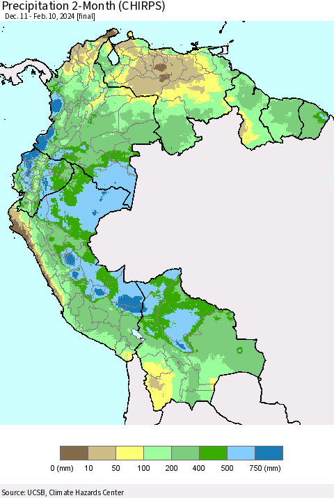 Northern South America Precipitation 2-Month (CHIRPS) Thematic Map For 12/11/2023 - 2/10/2024