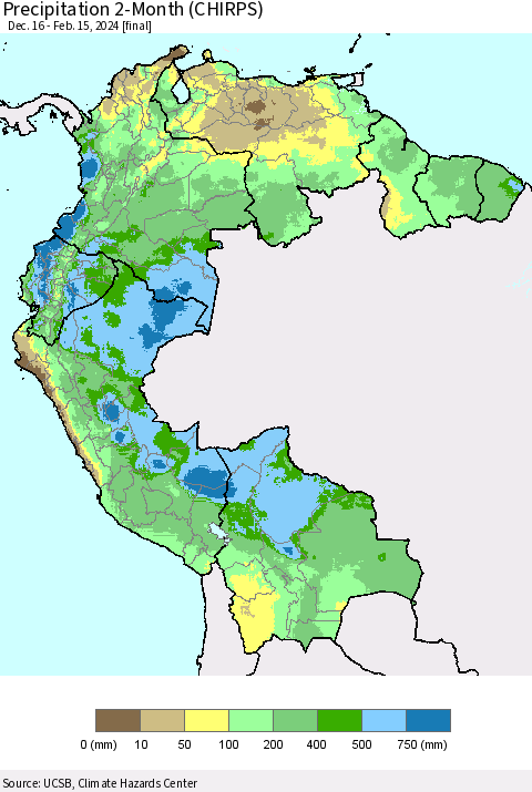Northern South America Precipitation 2-Month (CHIRPS) Thematic Map For 12/16/2023 - 2/15/2024
