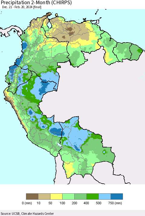 Northern South America Precipitation 2-Month (CHIRPS) Thematic Map For 12/21/2023 - 2/20/2024