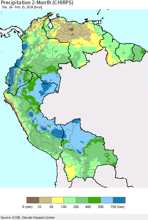 Northern South America Precipitation 2-Month (CHIRPS) Thematic Map For 12/26/2023 - 2/25/2024