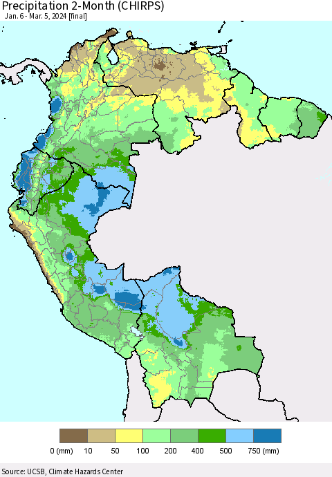 Northern South America Precipitation 2-Month (CHIRPS) Thematic Map For 1/6/2024 - 3/5/2024