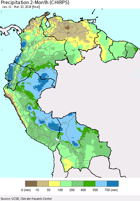 Northern South America Precipitation 2-Month (CHIRPS) Thematic Map For 1/11/2024 - 3/10/2024