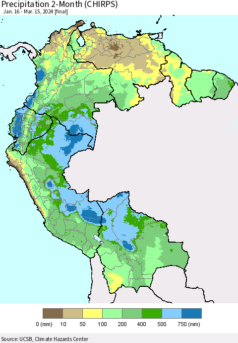 Northern South America Precipitation 2-Month (CHIRPS) Thematic Map For 1/16/2024 - 3/15/2024